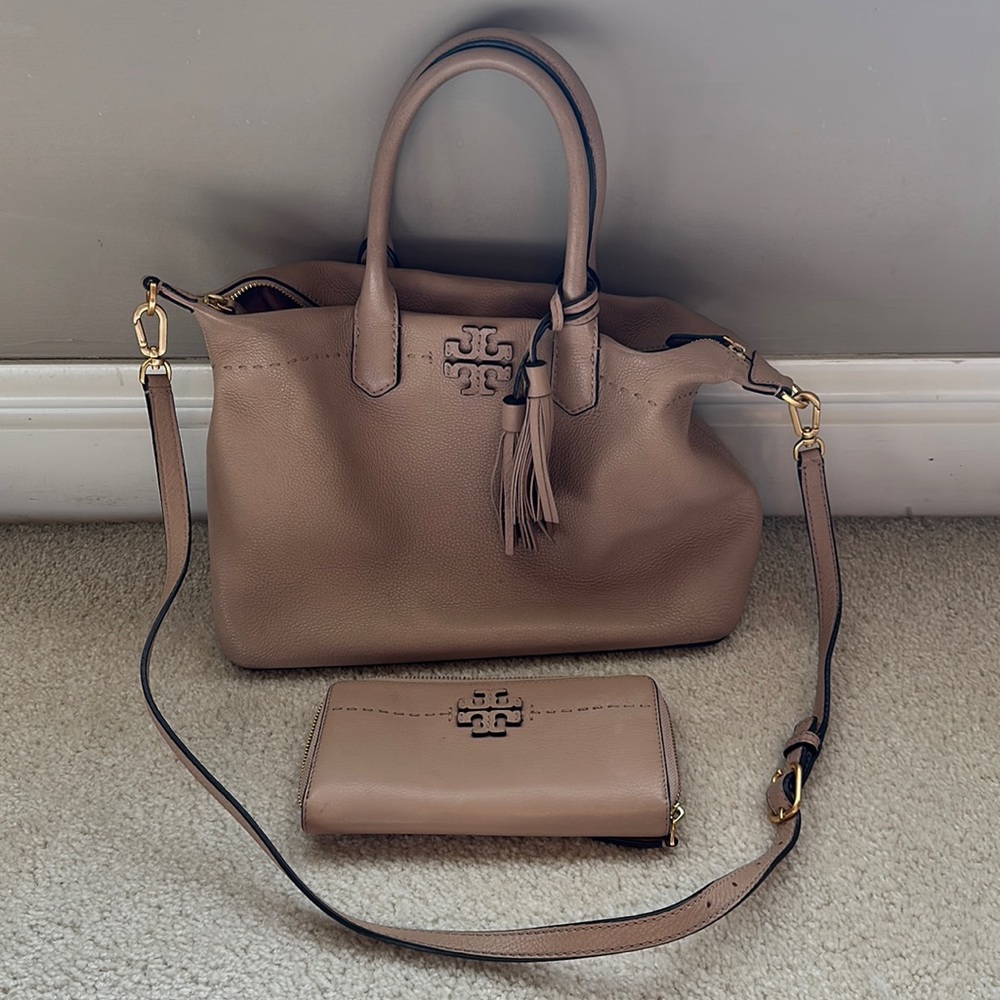 Tory Burch pebble leather crossbody bag with matching continental wallet.